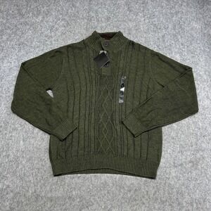 Tricots St Raphael Sweater Mens 2XL Green Cable Knit Mock Neck Button Pullover